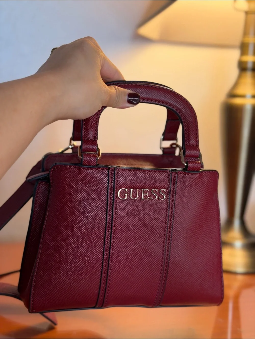 GUESS Burgundy Mini Satchel Crossbody Bag with Adjustable Strap